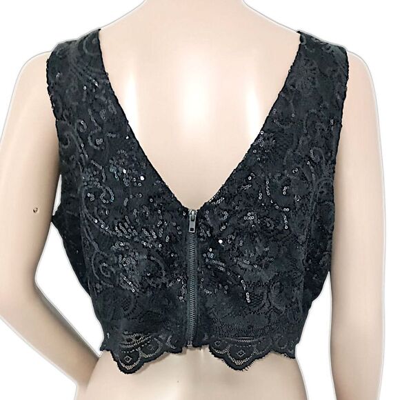 Lace Sequin Cropped Top Sz 13 L Black Romantic Witchy Goth Whimsigoth Sexy Bling - Picture 4 of 16